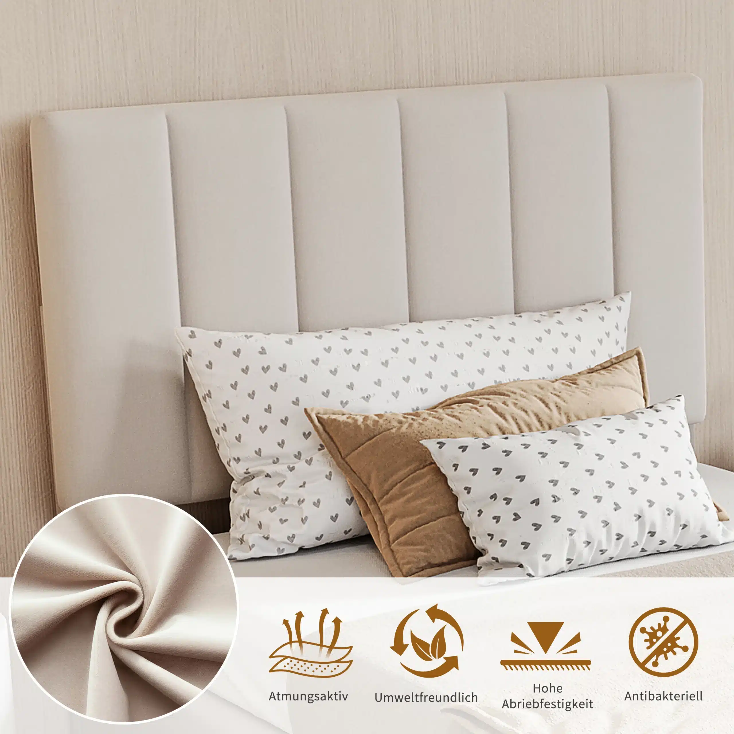 Hele voodi panipaigaga 90x200 reguleeritava peatsiotsaga, millel on valged ja pruunid padjad mustrilisel voodilinaga.