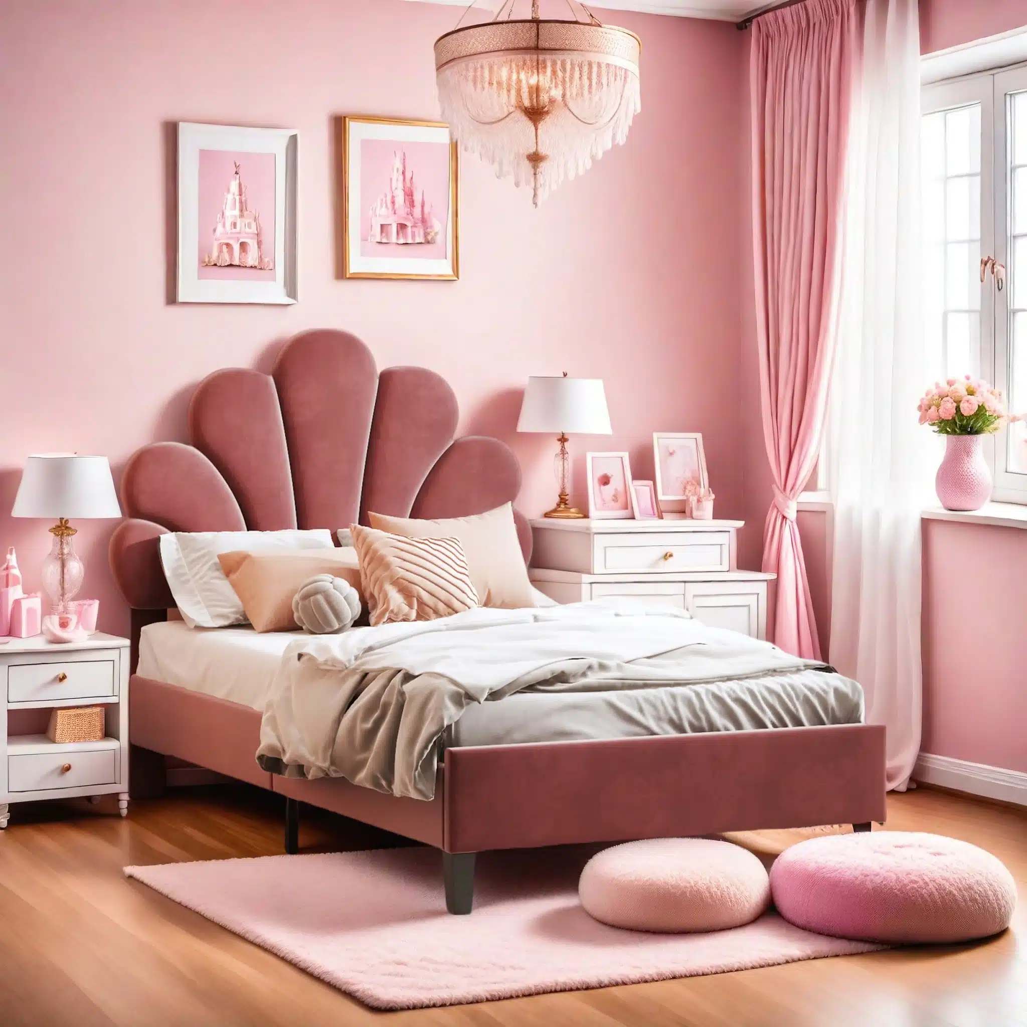 Lastevoodi 90x200, sametist ja lillepeatsiga, paistab roosade seinte ja valgete mööbliesemete keskel; voodil on luksuslikud valged ja beežid tekid ning pilkupüüdvad dekoratiivpadjad. Ruumi valgustavad elegantne lühter ja aknast tulev loomulik valgus.