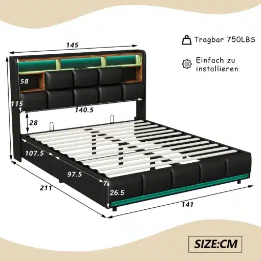 Kaheinimesevoodi LED-valgustusega, must PU-kattega, mõõtudega 140x200, elegantse disainiga. Peatsiotsas on ruumikad riiulid ja integreeritud LED-valgustus, mis lisavad modernsust ja funktsionaalsust.