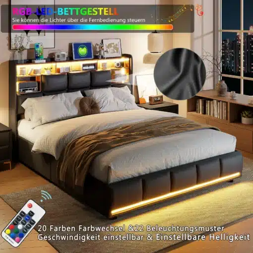 Kaheinimesevoodi LED-valgustusega, must PU, 140x200. Voodi on elegantse musta PU-materjaliga, LED-valgustus ümbritseb raamiga ning sisustab modernse magamistoa valgusküllaselt. Taustal on kaasaegne interjöör koos aknaga ja öökappidega.