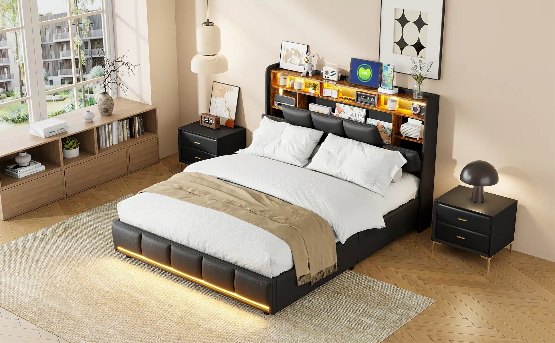 Kaheinimesevoodi LED-valgustusega, musta PU nahast raam 140x200, kaasaegne magamistuba, hele puitpõrand, suur aknaklaas kõrval.