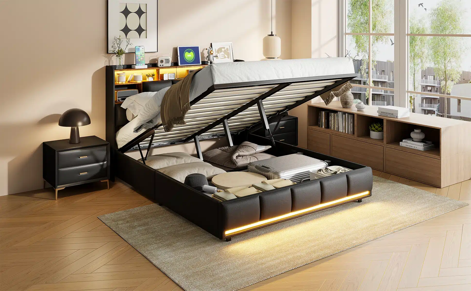 Kaheinimesevoodi LED-valgustusega, must PU, 140x200, avatud hoiuruumiga, stiilse puidust taustaga magamistoas. Voodiraam on plekivaba ning toob esile ruumi elegantsi tänu integreeritud LED-valgustusele ja praktilisele hoiusele madratsi all.