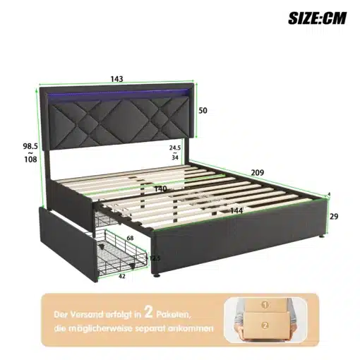 Tumehall lai voodi pesukastidega ja LED-valgustusega, koos mõõtudega ning metallist pesukastidega, millel on mugavad liistud.