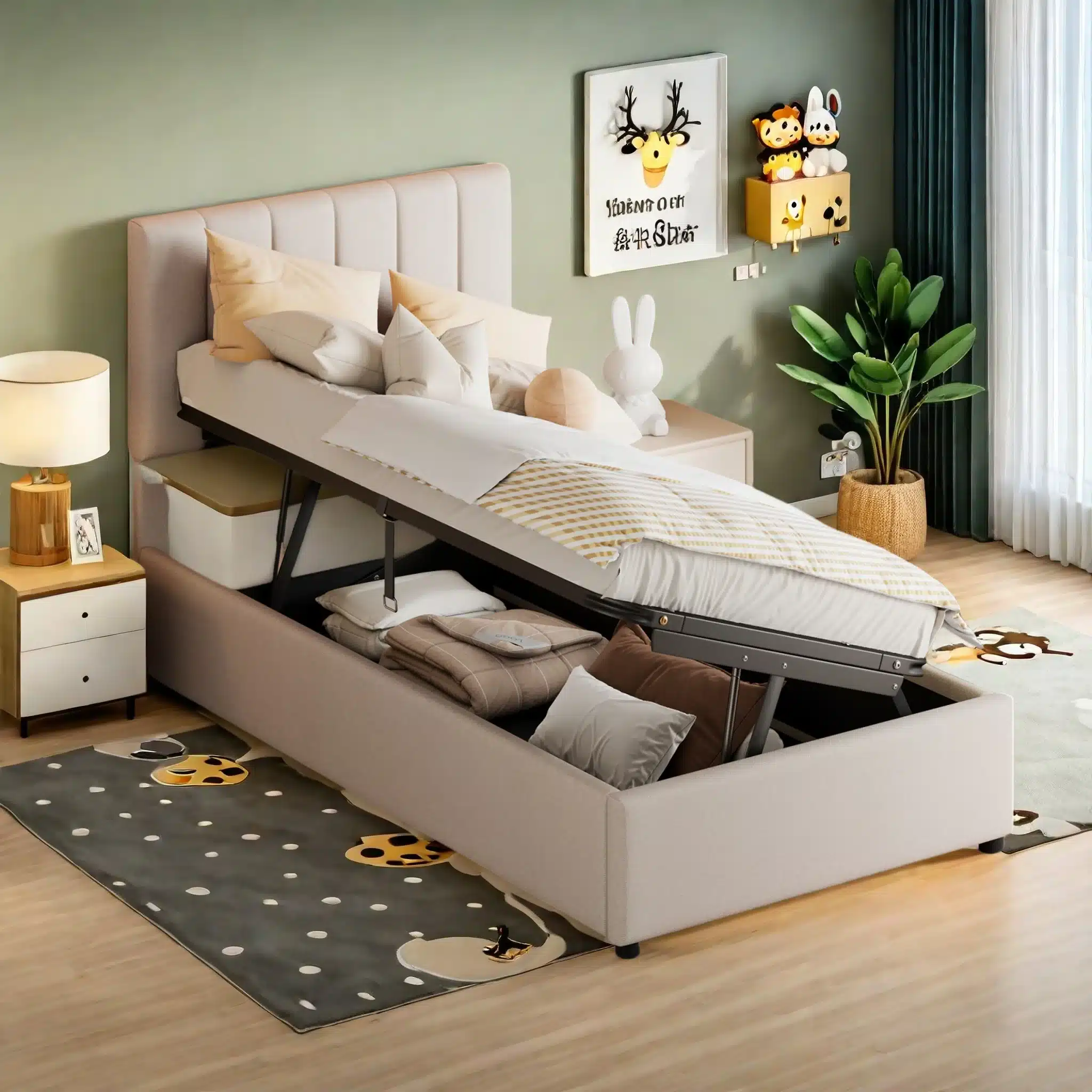 Üheinimese voodi panipaigaga 90x200 cm, linane, beež, avatud hoiuruumiga. Magamistoas paikneb voodi kaasaegses sisekujunduses, ümberringi neutral toonid, lisaks kaunistused ja taimed.