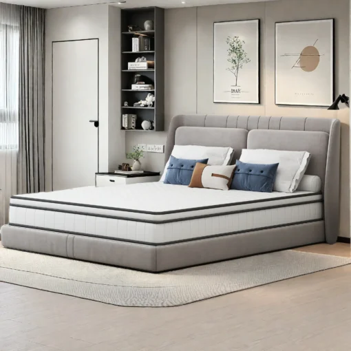 Stiilne magamistuba koos luksusliku voodiga, millel on Madrats 140x190 cm, 7 tsooni, H3 jäikus, Oeko-Tex. Pehme hall polstriga voodiraam koos elegantsete, minimalistlike kunstiteostega seinal ja valgus täis ruum, mis lisab rahulikku atmosfääri.