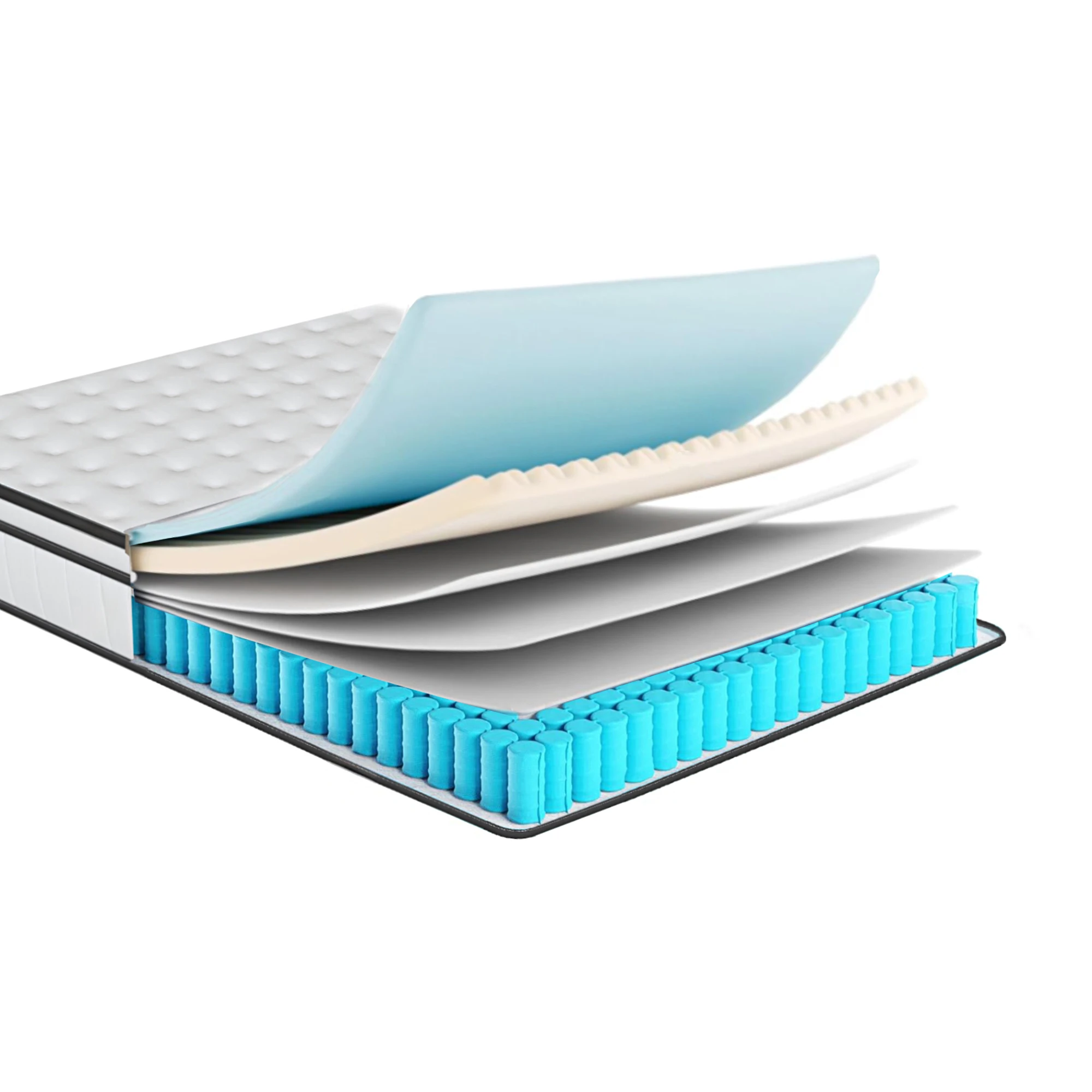 Läbilõige madratsist 140x190 cm, 7 tsooni, H3 jäikus, Oeko-Tex. Näha on erinevad kihid kaasa arvatud sinised vedrud ja pehmed kihid, mis pakuvad mugavust ja ergonoomilist tuge.