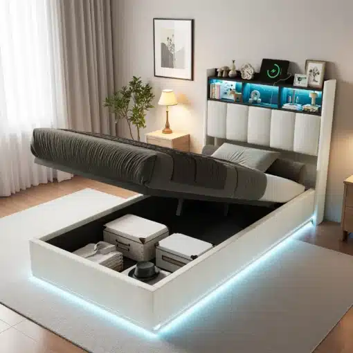Beež noorte voodi LED-valgustusega, nähtav USB-C port ja avatud panipaik. Voodi asub sisekujundatud toas, taustal aknaga ja lambiga kapp.