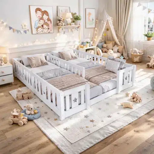 Lastetoa põrandavoodi turvapiirdega 180x200 cm mänd, mis on valge värviga kaetud ja paigutatud hubasesse lastetuppa, kus ümbritsevad pastelsed mänguasjad ja dekoreeritud seinad.