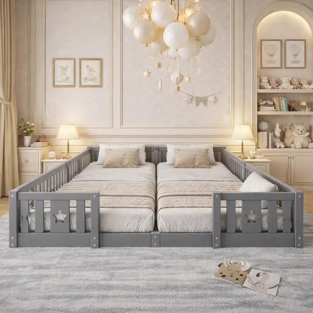 Elegantne hall lastetoa põrandavoodi turvapiirdega, mõõtmetega 180x200 cm, naturaalsest männipuidust, asetatud siseruumis heledal taustal koos pehmete padjade ja voodipesuga, ümbritsetud lampide, raamatute ja mänguasjadega.
