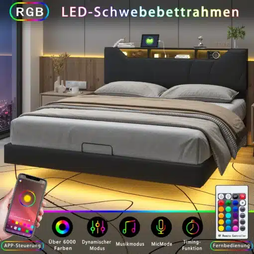 Modernne voodiraam tõstetava panipaigaga ja RGB LED-valgustusega 140x200, minimalistlikus magamistoas, puitpaneelidega seina taustal. Pildil on nähtav kaugjuhtimispult ja nutitelefon LED-valguse juhtimiseks.