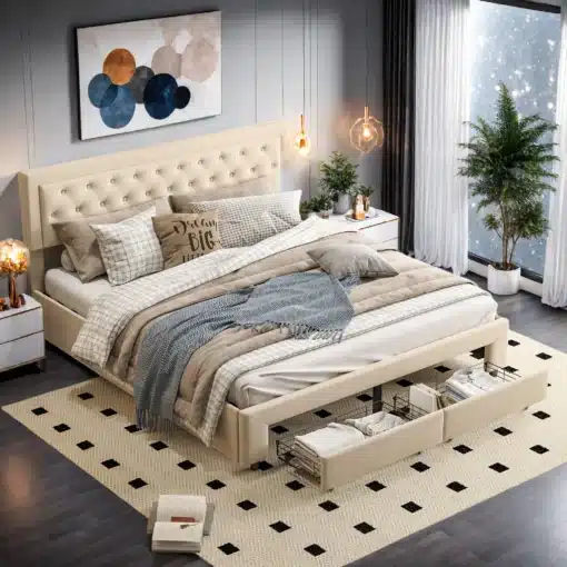 Beež velvetist voodi pesu sahtlitega, suurusega 180x200 cm. Voodi on paigutatud stiilsesse magamistuppa, mille hallid seinad ning dekoreeritud taust pakuvad modernset ja rahulikku õhkkonda. Voodipesu ja pehme peatsiosa lisavad luksuslikkust.