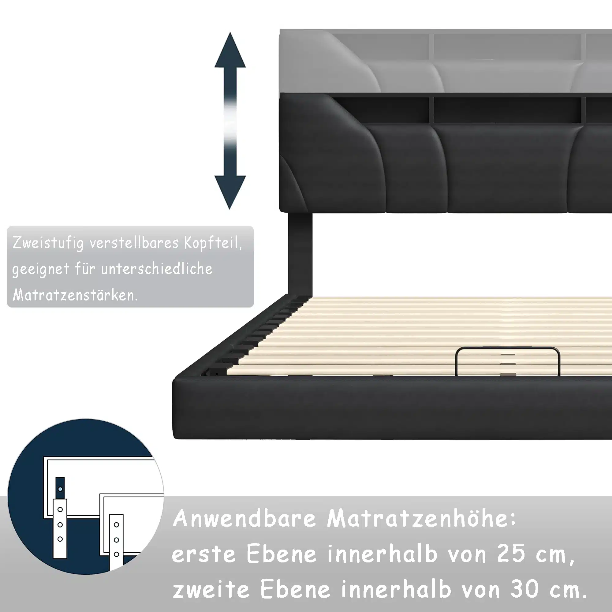 Detailne vaade mustale voodiraamile tõstetava panipaiga ja LED-valgustusega, mõõdud 140x200 cm, kaks taset reguleeritav peats.