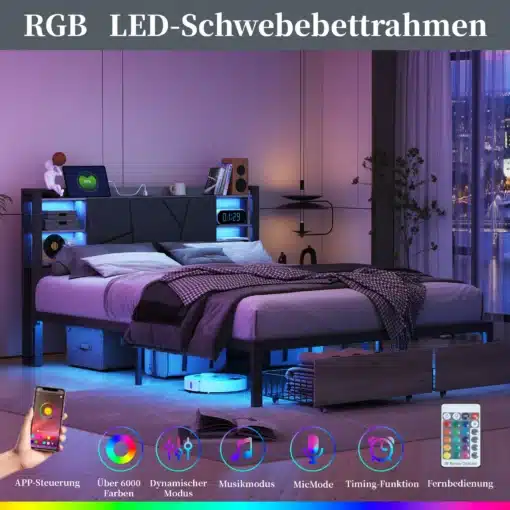 Stiilne voodi 160x200, varustatud praktiliste sahtlitega ja elegantse LED-valgustusega, mis loob hubase atmosfääri. Modernne disain sulandub ideaalselt kaasaegsesse magamistuppa, millel on hallid seinad ja suured aknad.