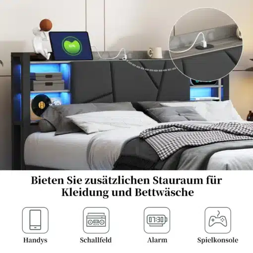 Voodi 160x200 sahtlite ja LED-valgustusega, hall viimistlus. Voodi kohal riiulid ja LED-valgustus, taustal valged seinad.