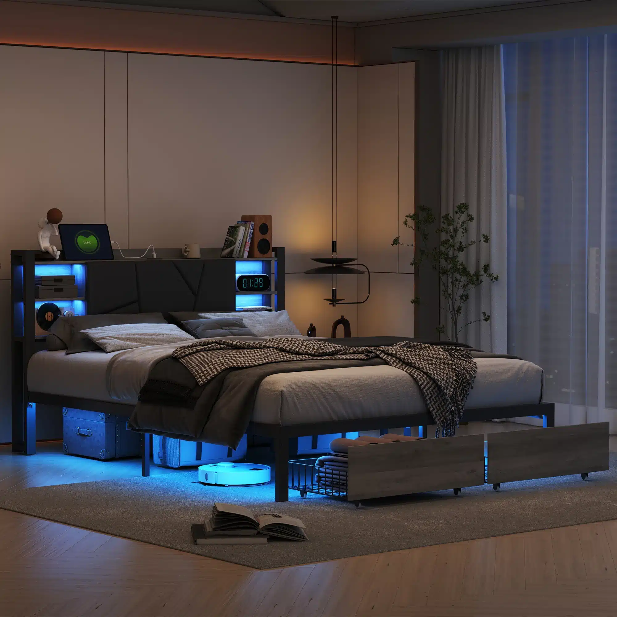 Moodne magamistuba, kus on esiplaanil Voodi 160x200 sahtlite ja LED-valgustusega. Tume raam ja tekk koos helendavate siniste LED-tuledega loovad mugava ja kaasaegse atmosfääri. Tume külgkapil on raamatud ja dekoratsioonid.
