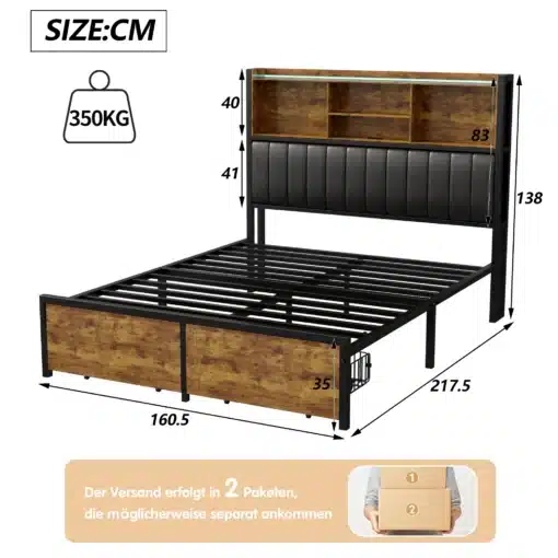 Jalgadel voodi LED-valgustusega ja sahtlitega 160x200 | E-pood Tootemaailm Stiilne must ja pruuni puidu viimistlusega jalgadel voodi LED-valgustusega ja sahtlitega suuruses 160x200, näidatud täpsete mõõtudega eraldi kastides.