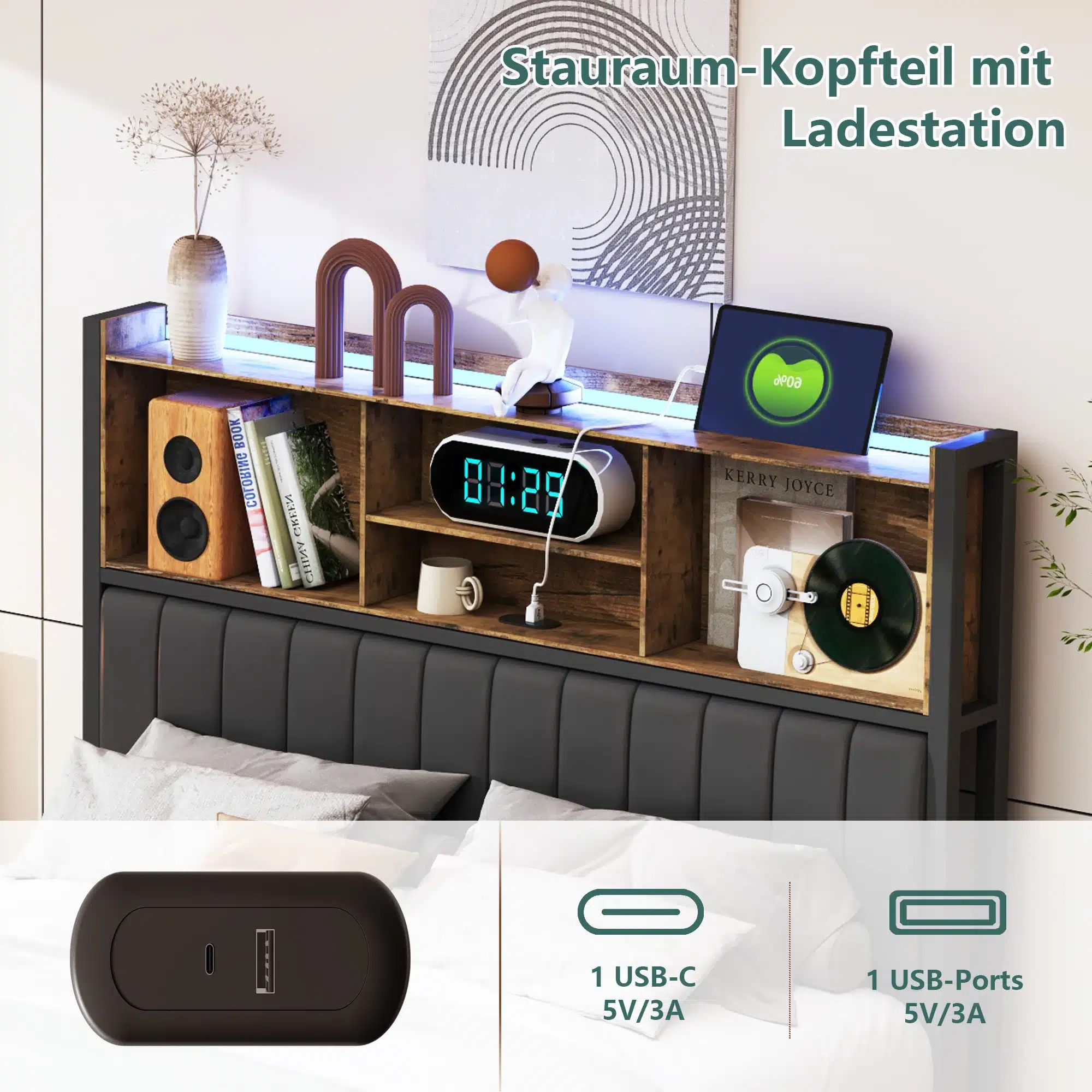 Jalgadel voodi LED-valgustusega ja sahtlitega 160x200, mille peatsil on sisseehitatud riiulid ja laadimisjaam. Tumedad puitdetailid ja modernne disain toa sisekujundusele sobitumiseks.
