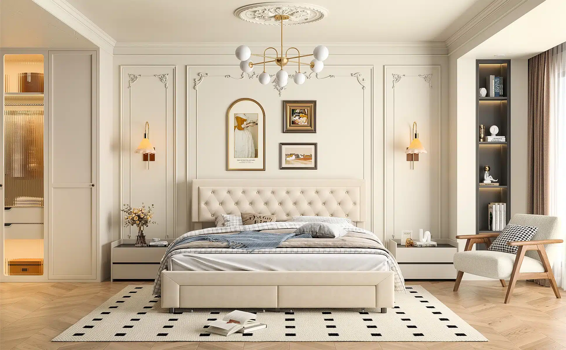 Beež velvetist voodi pesukastidega, suurusega 180x200 cm, ümbritsetud maitsekalt dekoreeritud magamistoaga, kus on näha kaasaegsed valguslahendused ja neutraalsete toonidega sisekujundus.