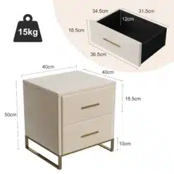 Helebeež kompaktne öökapp kahe sahtliga, millel on sametist pind ja kuldsed jalad. Kuvatud on täpsed mõõtmed: kõrgus 50 cm, laius 40 cm, sügavus 40 cm. Kaal 15 kg. Sahtli sisemõõtmed on samuti näidatud eraldi illustratsioonina.