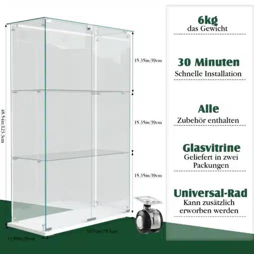 Klaasist vitriinkapp LED-valgustusega, 2 uksega, lukuga | E-pood Tootemaailm Klaasist vitriinkapp LED-valgustusega, hõbedaste hingedega, kaks ust lukustamiseks. Kapp on jagatud kaheks riiuliks ning see on paigutatud lihtsasti kokkupandavale alusele. Kerge ja elegantne disain, ideaalne elutoa sisustamiseks.