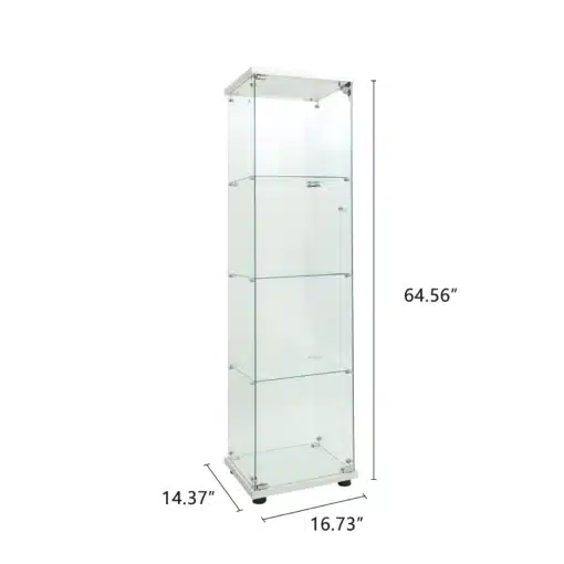 Elegantselt kujundatud klaasvitriinkapp, 165x42x36 cm, läbipaistva klaasiga ja sisseehitatud LED-valgustusega. Vitriinil on metallist lukustusmehhanism ja tugev alus, mis tagab stabiilsuse. Sobib ideaalselt koduse elutoa minimalistlikuks disainielemendiks.