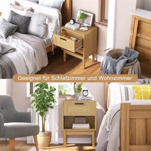 Öökapid rotangist sahtlitega, komplekt 2 tk, boho stiil | E-pood Tootemaailm Öökapp rotangiga, puidust sahtliga, boho stiilis, kaks tükki valgusküllases magamistoas. Öökapi peal raamatud, äratuskell ja lillepott. Seinad heledad, lisaks pehme voodipesu ja rotangi korv.