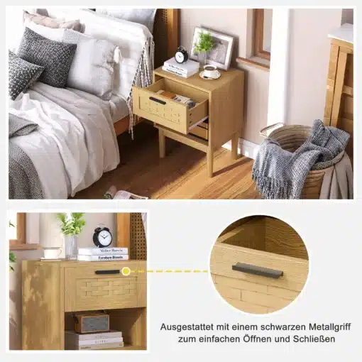 Öökapid rotangist sahtlitega, komplekt 2 tk, boho stiil | E-pood Tootemaailm Kaunis boho stiilis öökapp, millel on rotangist esipaneel ja kvaliteetne puidust sahtel. Öökapp on paigutatud hubasesse magamistoa interjööri, taustal voodi ja dekoratiivpadjad.