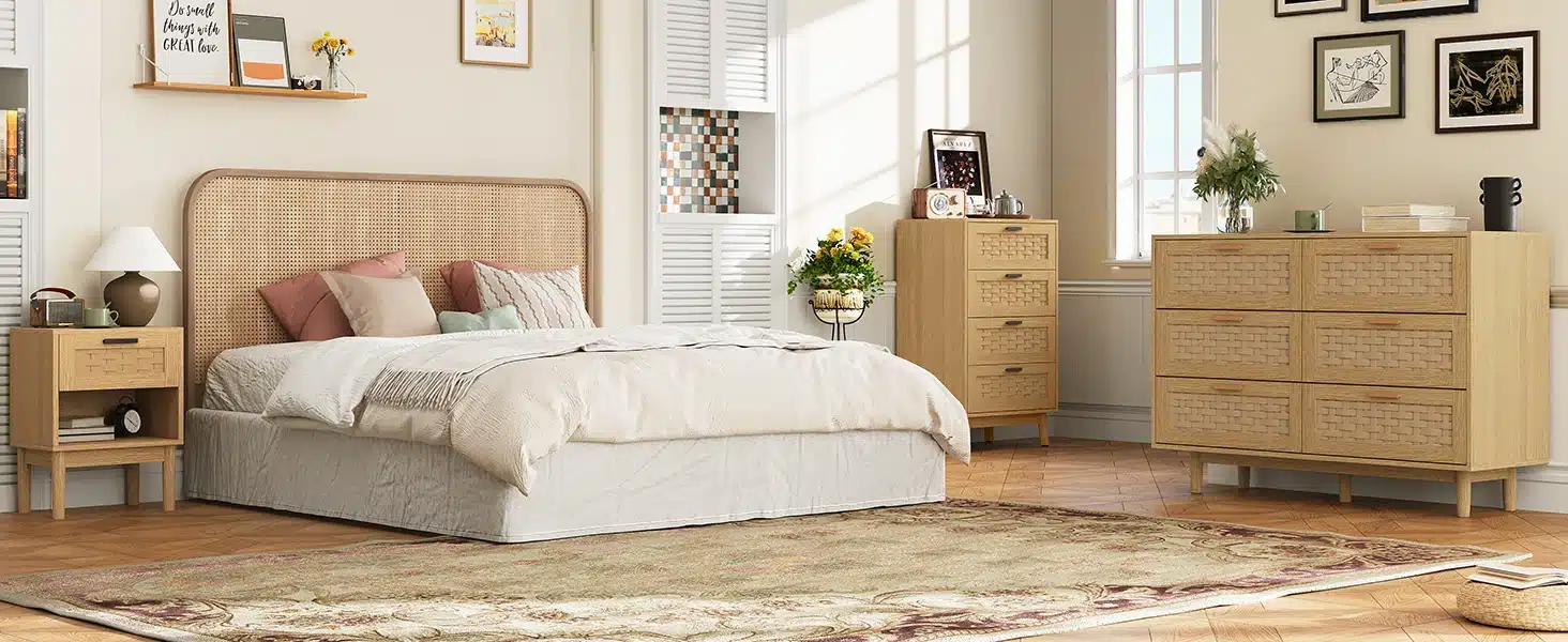Kaasaegses magamistoas paikneb boho stiilis Öökapp rotangiga, puidust sahtliga, komplektina 2 tk. Öökapid on asetatud voodi mõlemale küljele, luues harmoonilise ja elegantse ilme. Puitpõrandal on suur vaip ja taustal on veel kapid ja looduslik valgus, mis loob hubase atmosfääri.