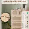 Sahtlitega kummut 5 sahtlit, värviline 60x34x91 cm; kummut naturaalsest puidust viimistlusega, millel on viis sahtlit kontrastsete dekoratiivsete paneelidega. Kummut on paigaldatud elutoa avarasse ruumi ja selle kõrval on taimed ning dekoratiivesemed.