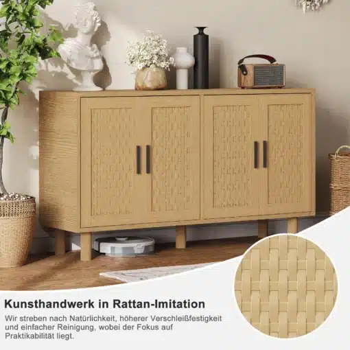 Elegantne kapp rotangist, nelja uksega ja reguleeritavate riiulitega, sobib hästi modernsesse elutuppa. Naturaalses toonis rotangist viimistlus ja tugevad jalad lisavad vastupidavust ning stiili. Taustal paistavad lillevaasid ja dekoratiivsed elemendid, mis lisavad kaasaegsust.