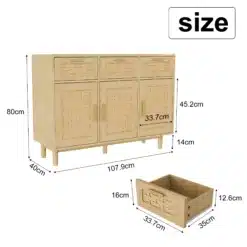 Kummut rotangist 3 sahtliga ja ustega, puidust jalad, kerge puit toon, täpsed mõõdud: 80 cm kõrge, 107.9 cm lai, 40 cm sügav.