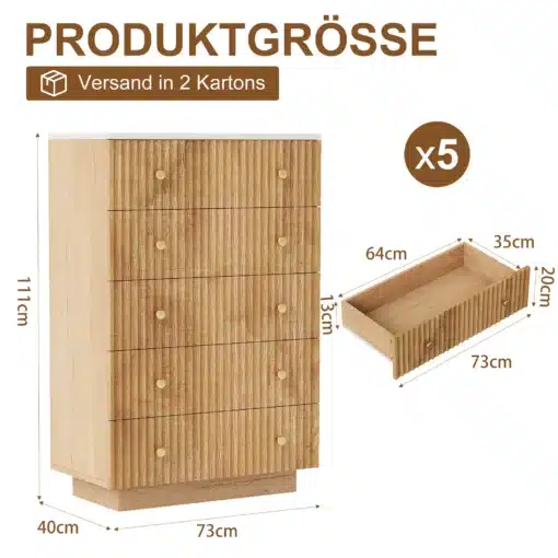 Kummut LED-valgustusega, kitsas 5 sahtliga, naturaalne puidust | E-pood Tootemaailm Naturaalne puidust kitsas kummut, millel on viis sahtlit ja LED-valgustus, asetatud valgele taustale. Kummut on 111 cm kõrge ja 73 cm lai, selged mõõtmed on märgitud pildil. Sahtlid on 64 cm sügavad ja 35 cm laiad.