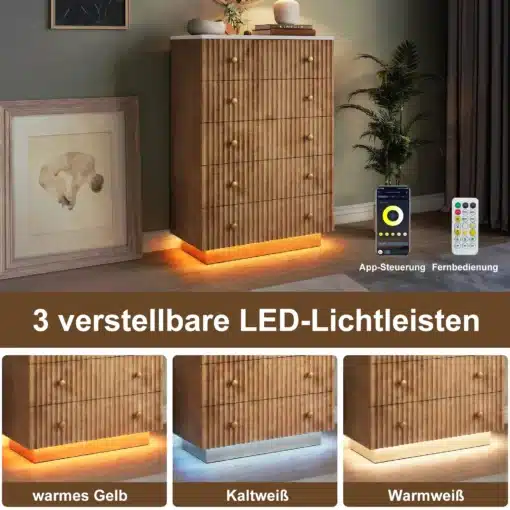 Kummut LED-valgustusega, kitsas 5 sahtliga, naturaalne puidust | E-pood Tootemaailm Naturaalne puidust kummut viie sahtliga ja LED-valgustusega, seismas elutoas kunstipärase maali ja taimede kõrval. Kummut on soe ja elegantne, sobides ideaalselt kaasaegsesse interjööri.