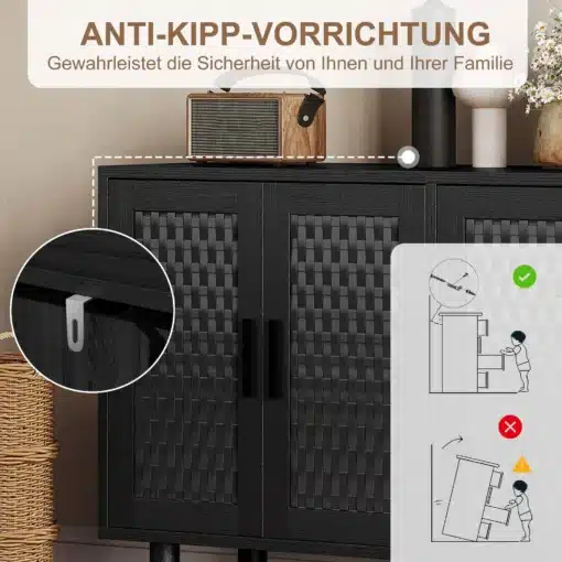Köögikapp must tööpinnaga ja metallkäepidemetega 140x40x80 | E-pood Tootemaailm Köögikapp must tööpinnaga ja metallkäepidemetega 140x40x80. Pildil on nähtav must köögikapp, millel on siledad metallkäepidemed. Kaasatud on detailne vaade kapi anti-kipp-seadmest, mis tagab turvalisuse. Tume kapp on paigutatud heledale taustale koos dekoratiivesemete ja korviga.
