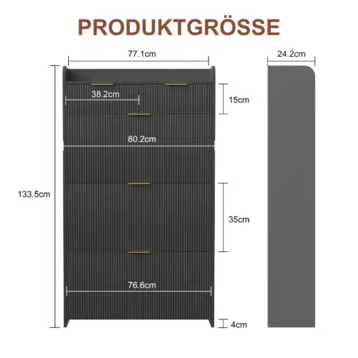 Kitsas must kingakapp kolme klapiga, esikusse sobiv suurusega 77x24x133 cm, millel on mõõtmed toote suuruse tähistamiseks.