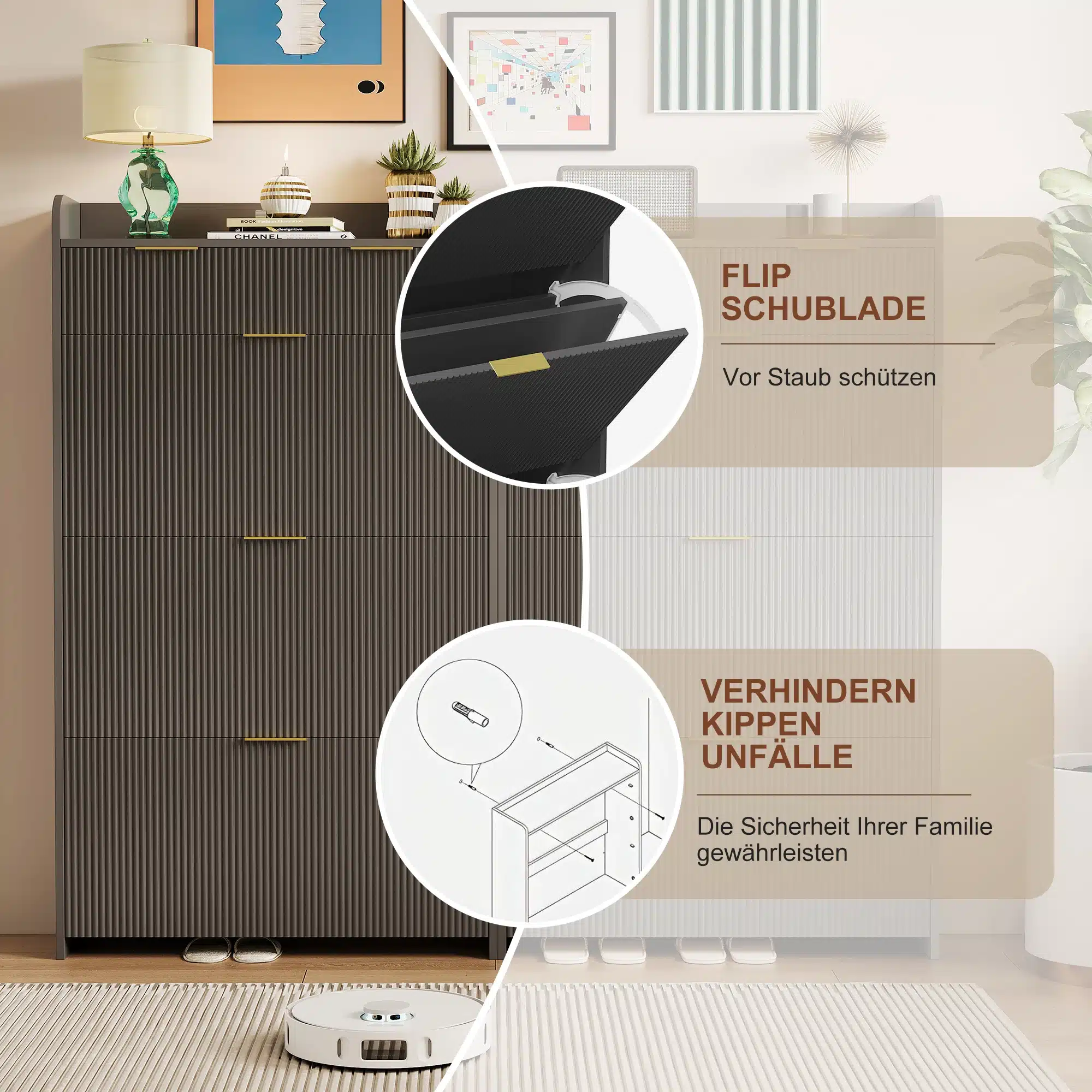 Stiilne ja kitsas must kingakapp esikusse, mõõtmetega 77x24x133 cm, kolme praktilise klapiga. Taustal neutraalsed seinapaneelid ja dekoratiivsed detailid, mis loovad elegantse atmosfääri. Kapi all on näha robot-tolmuimeja, mis osutab ruumi praktilisusele.