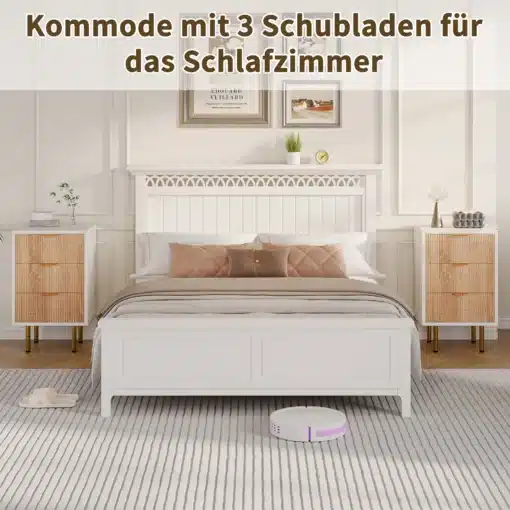 Magamistoas valged ja naturaalsed öökapid kolme sahtliga, mis on paigutatud voodi kõrvale helges ja stiilselt kujundatud interjööris. Komplekt koosneb kahest komplektist, mis on ideaalne tasakaal elegantse ja praktilise sisustuse vahel.
