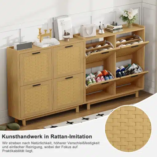 Kitsas tammepuidust kingakapp, millel on vitspunutise disain ja sahtlid, asetseb heledas esikus. Kapil on mahukad riiulid jalanõude hoiustamiseks ning pealispinnal dekoratiivsed esemed.