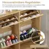 Tammepuidust kitsas kingakapp vitspunutise ja sahtliga, täidetud erinevate värviliste jalanõudega, esiletungiv eemaldatava riiuliga.
