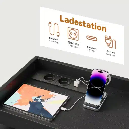 Must kummut LED valgustusega, millel on laual asetsevad tahvelarvuti ja nutitelefon. Kummuti peal on USB port, kaks seinakontakti ja Type-C pesa, mis toetavad laadumist. Taustal info laadimisvõimaluste kohta.