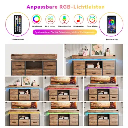 Kummut 8 sahtliga LED valgustuse ja USB Type-C portidega. Puitimitatsiooniga viimistlus ja LED-ribad erinevates värvides. Sahtlid on avatud ja kummut on kaunistatud dekoratiivesemetega. Pildil on ka kaugjuhtimispult ja mobiilirakendusega juhtimine.