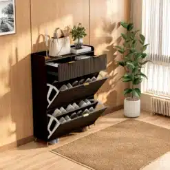Must kingakapp kahe sahtli ja nelja sektsiooniga, mõõtudega 80x24x110 cm. Kapp on asetatud puidust seina taustale päikeselises toas ja täidetud hoolikalt paigutatud jalanõudega, esikujuliselt. Kapil on minimalistlik ja kaasaegne disain, mille peal on valged dekoratiivelemendid ja roheline taim.