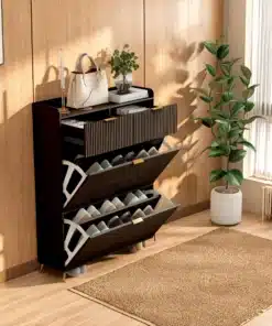 Must kingakapp kahe sahtli ja nelja sektsiooniga, mõõtudega 80x24x110 cm. Kapp on asetatud puidust seina taustale päikeselises toas ja täidetud hoolikalt paigutatud jalanõudega, esikujuliselt. Kapil on minimalistlik ja kaasaegne disain, mille peal on valged dekoratiivelemendid ja roheline taim.