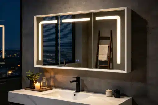 Vannitoakapp LED valgustusega, 3 uksega, valge | E-pood Tootemaailm Elegantne vannitoakapp LED valgustusega, 3 uksega, valge viimistlusega, paigaldatud modernsesse tumehallides toonides vannituppa. Kapi peegeluste LED valgus loob sooja ja meeldiva valguse, rõhutades minimalistlikku disaini.