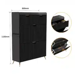Elegantne must kingakapp, mõõtudega 80x24x110 cm, featuring kaks sahtlit ja neli sektsiooni. Disainitud vertikaalsete joonte ja kuldsete jalgadega, mis annavad modernse ja stiilse välimuse.