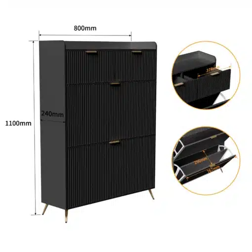 Elegantne must kingakapp, mõõtudega 80x24x110 cm, featuring kaks sahtlit ja neli sektsiooni. Disainitud vertikaalsete joonte ja kuldsete jalgadega, mis annavad modernse ja stiilse välimuse.