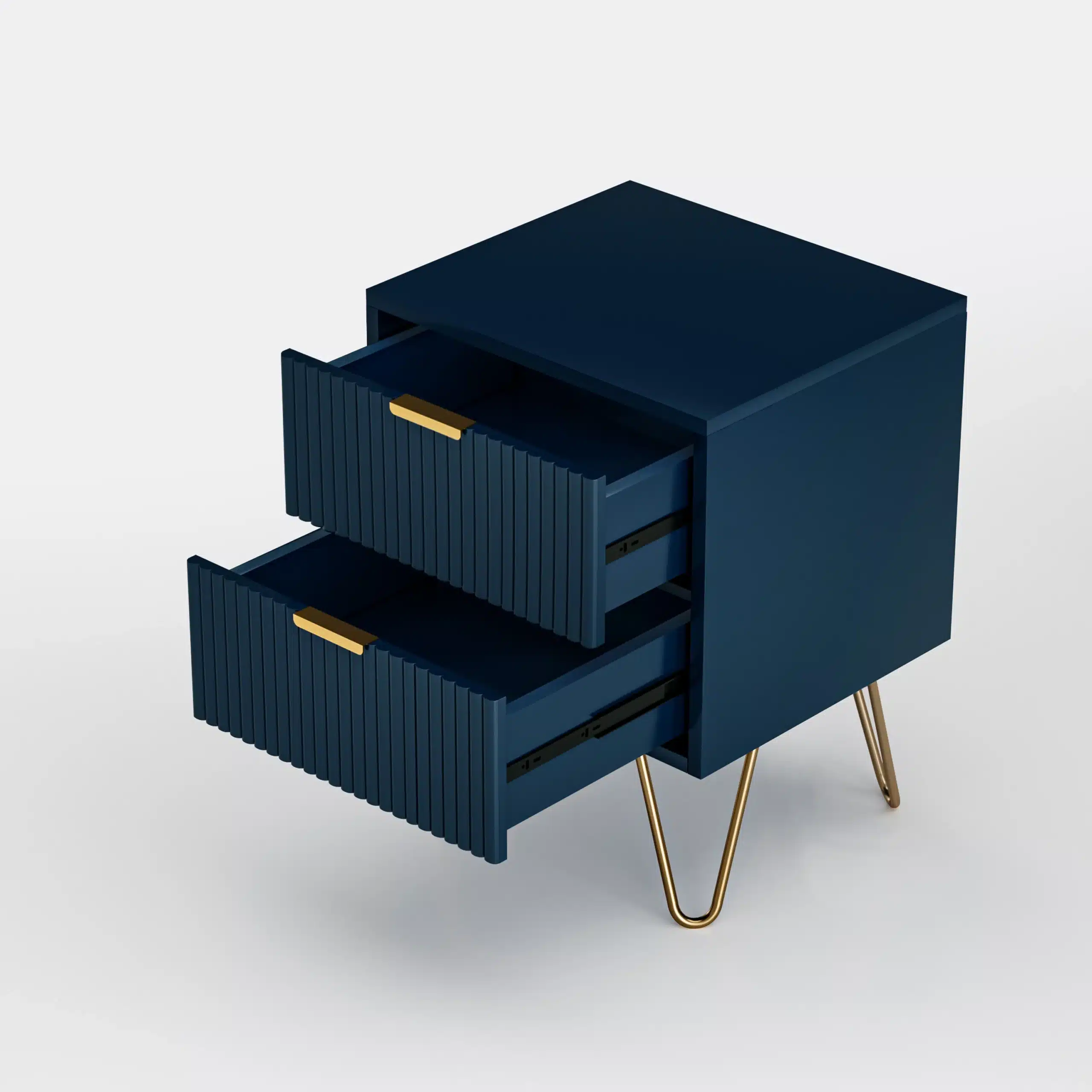 Tumesinine öökapp kahe avatud sahtliga ja metalljalgadel, elegantse disainiga heledal taustal.