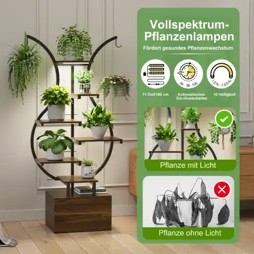 Modernne taimede riiul sisseehitatud valgustusega, valmistatud vastupidavast metallist, seistes stiilselt elutoas kuuel tasemel roheliste taimedega, valge seinaga taustal.