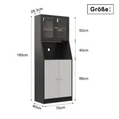 Köögimööbel töötasapinnaga ja LED valgustusega, 180 cm kõrge musta kapp, millel on klaasuksed ja ribidega tekstuuriga alaosa. Külgedel ja uksepiiridel paikneb hele LED valgus. Mööbli mõõtmed on selgelt esitatud.