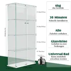 Klaasvitriin LED-valgustusega, vaba seisev, nelja riiuliga. Konstruktsioon on valmistatud läbipaistvast klaasist ja metallist, millel on mõõtmed 163cm kõrgust, 78.5cm laiust ja 35cm sügavust. Lisaks näidatakse ka ratta lisavarustust.